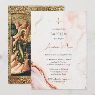 Cooper and Pink Faux Marble Orthodox Baptism Invitation