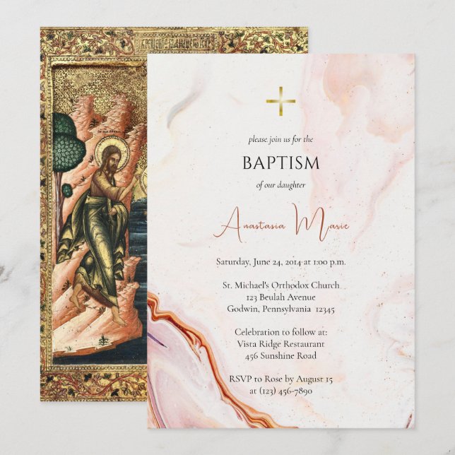 Cooper and Pink Faux Marble Orthodox Baptism       Invitation (Front/Back)