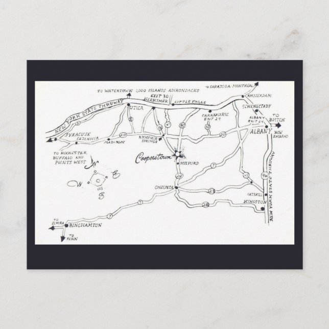 Cooperstown New York Map Postcard (Front)