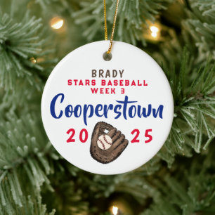 Cooperstown NY Baseball Fun Facts Santa Hat Custom Ceramic Tree Decoration