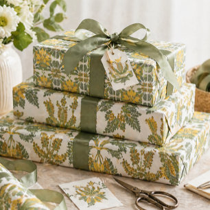 Coordinated Floral Vintage Botanical Yellow Green Wrapping Paper Sheet