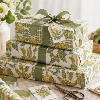 Coordinated Floral Vintage Botanical Yellow Green  Wrapping Paper Sheet