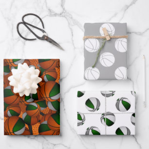 Coordinated sports gifting green grey basketball  wrapping paper sheet