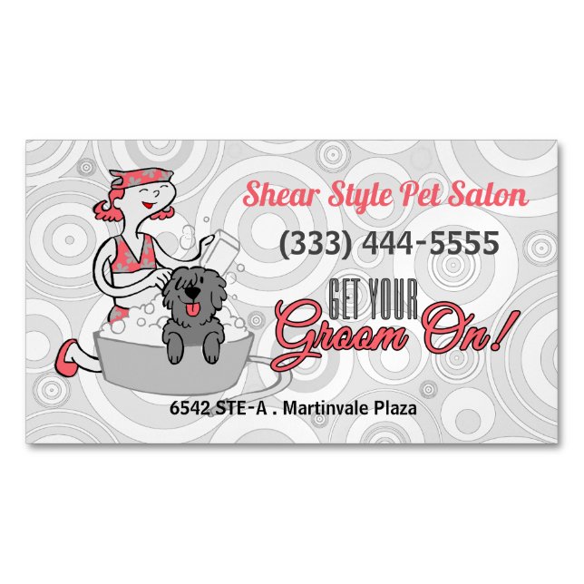 Coordinating Pink Get Your Groom On Pet Gooming Magnetic Business Card (Front)