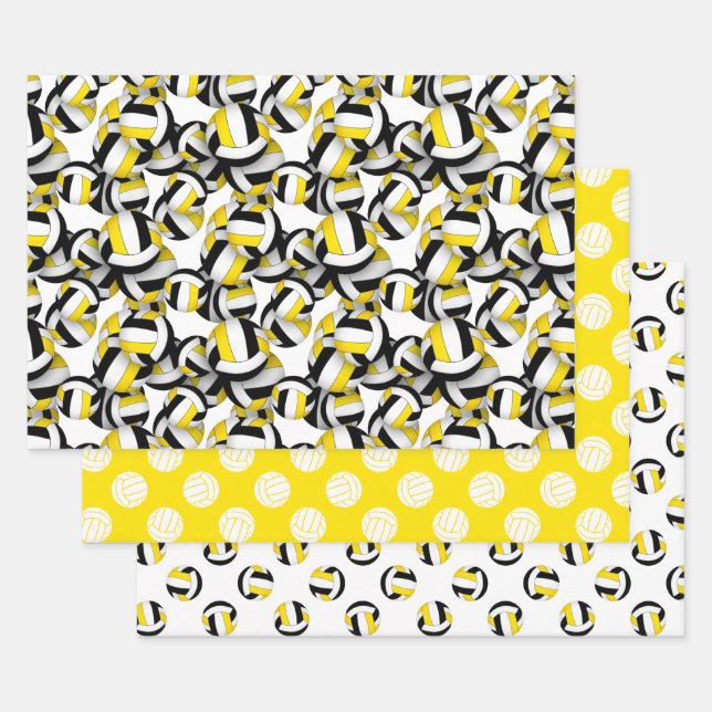 coordinating set black gold volleyballs patterns wrapping paper sheet (Set)