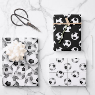 coordinating set black grey soccer balls patterns wrapping paper sheet