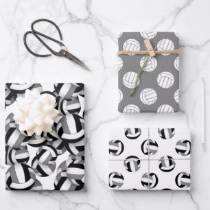 coordinating set black grey volleyballs patterns wrapping paper sheet