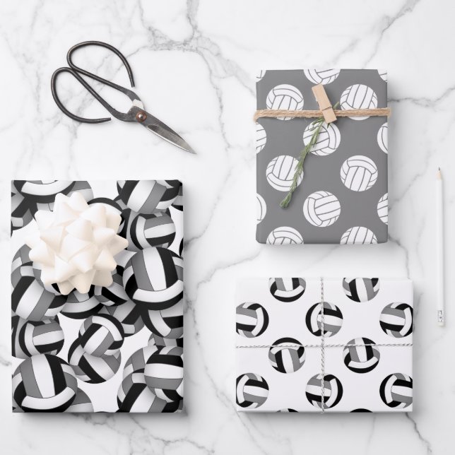 coordinating set black grey volleyballs patterns wrapping paper sheet (Front)