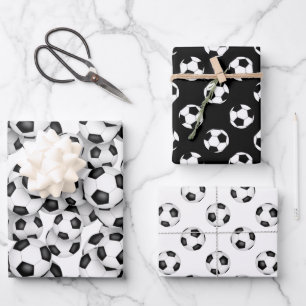 coordinating set black white soccer balls patterns wrapping paper sheet