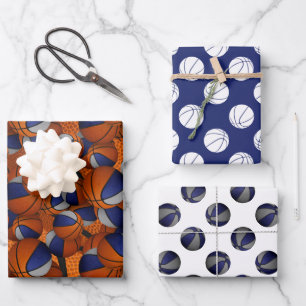 coordinating set blue grey basketball patterns wrapping paper sheet