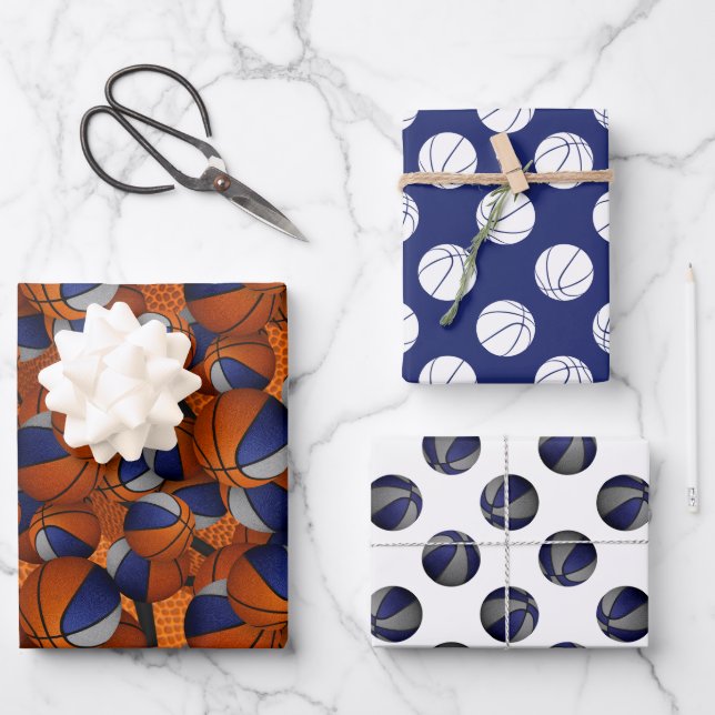 coordinating set blue grey basketball patterns wrapping paper sheet (Front)