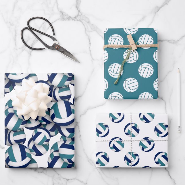 coordinating set blue teal volleyballs patterns wrapping paper sheet (Front)