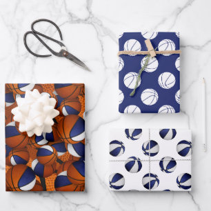 coordinating set blue white basketball patterns wrapping paper sheet