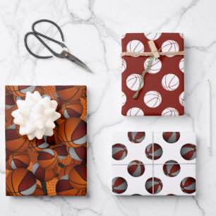 coordinating set maroon grey basketball patterns wrapping paper sheet