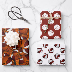 coordinating set maroon white basketball patterns wrapping paper sheet