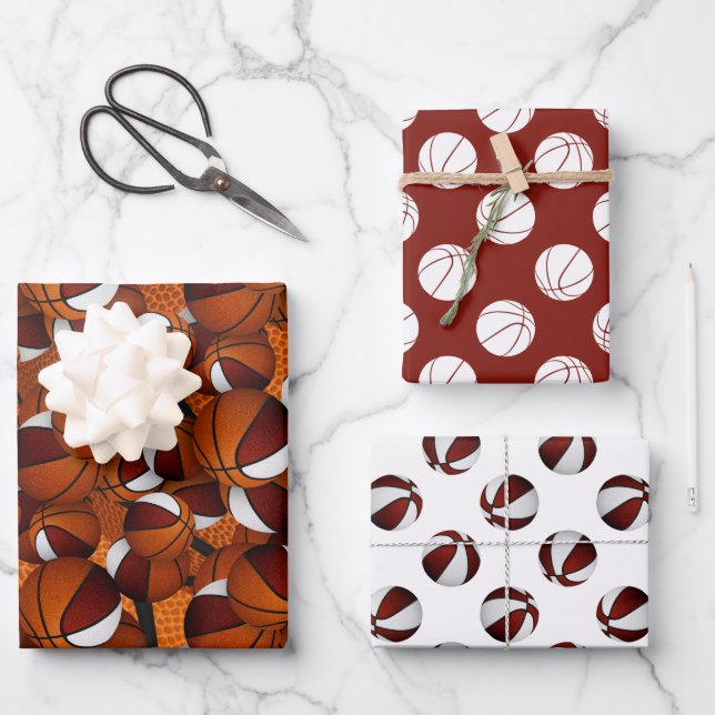 coordinating set maroon white basketball patterns wrapping paper sheet (Front)