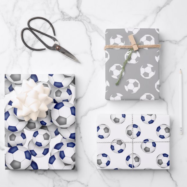 coordinating sports set blue grey soccer balls wrapping paper sheet (Front)