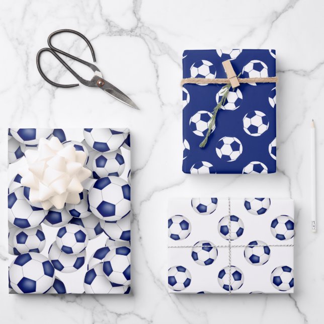 coordinating sports set blue white soccer balls wrapping paper sheet (Front)