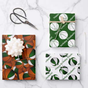 Coordinating sports set green white basketball wrapping paper sheet
