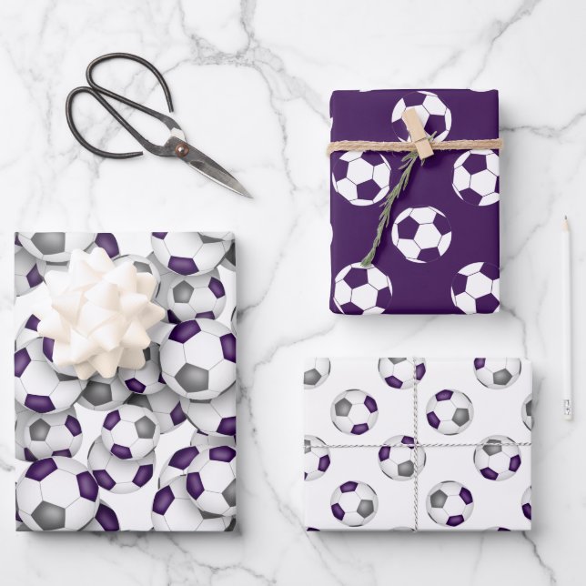 coordinating sports set purple grey soccer balls wrapping paper sheet (Front)