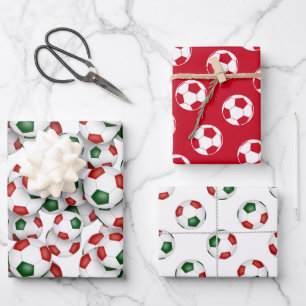 coordinating sports set red green soccer balls wrapping paper sheet