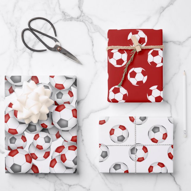 coordinating sports set red grey soccer balls wrapping paper sheet (Front)
