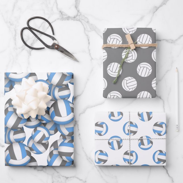 coordinating team colours lt blue grey volleyballs wrapping paper sheet (Front)