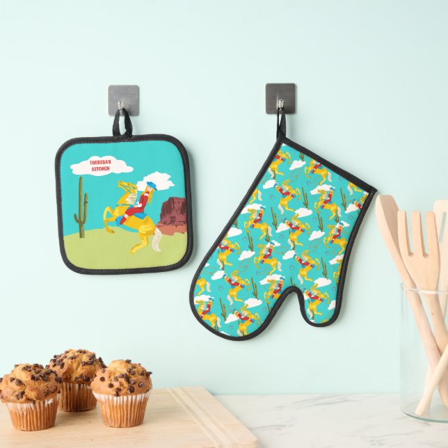 Coordinating Western Cowgirl Personalised Oven Mitt & Pot Holder Set (Insitu(Hanging))