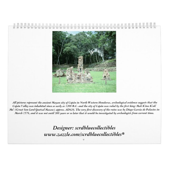 Copan Ancient Mayan Ruins Honduras Photo Designed Calendar (Back)
