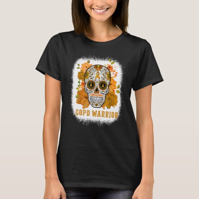COPD Awareness Sugar Flower Skull Orange Ribbon Bl T-Shirt (Front)