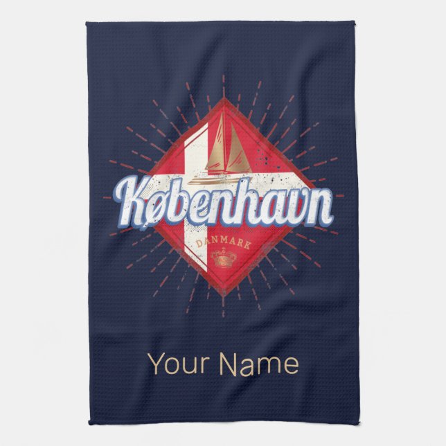 Copenhagen Capital Denmark Retro Sailing Ship Tea Towel (Vertical)