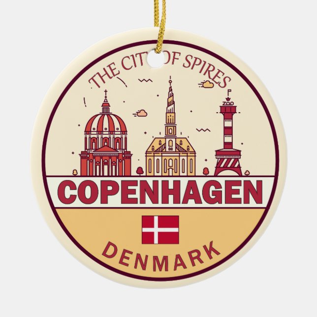 Copenhagen Denmark City Skyline Emblem Ceramic Tree Decoration (Front)