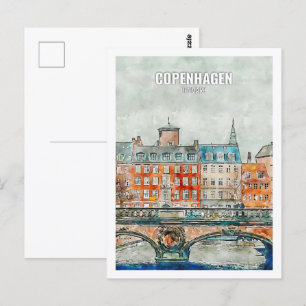 Copenhagen Denmark Famous Travel Place Watercolor Postcard