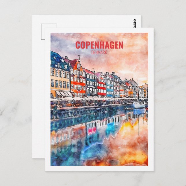 Copenhagen Denmark Famous Travel Place Watercolor Postcard (Front/Back)