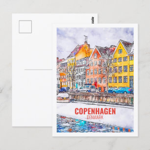 Copenhagen Denmark Famous Travel Watercolor Sketch Postcard