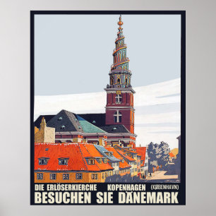 Copenhagen, Denmark. Houses in downtown and church Poster