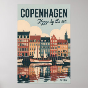 Copenhagen Denmark Retro Skyline Cityscape Travel Poster