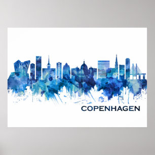 Copenhagen Denmark Skyline Blue Poster