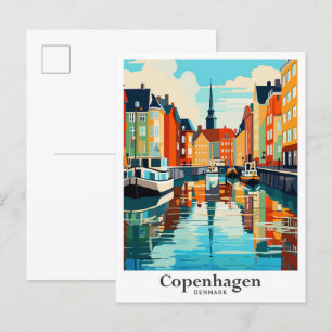 Copenhagen Denmark Travel Art Vintage Illustration Postcard