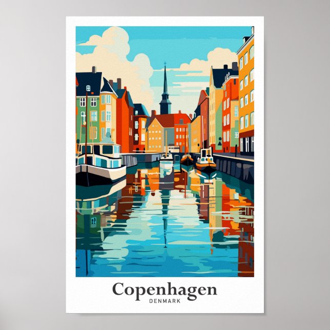 Copenhagen Denmark Travel Art Vintage Illustration Poster (Front)