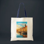 Copenhagen Denmark Travel Art Vintage Tote Bag<br><div class="desc">Copenhagen retro vector travel design. Copenhagen,  Denmark’s capital,  sits on the coastal islands of Zealand and Amager. It’s linked to Malmo in southern Sweden by the Öresund Bridge.</div>