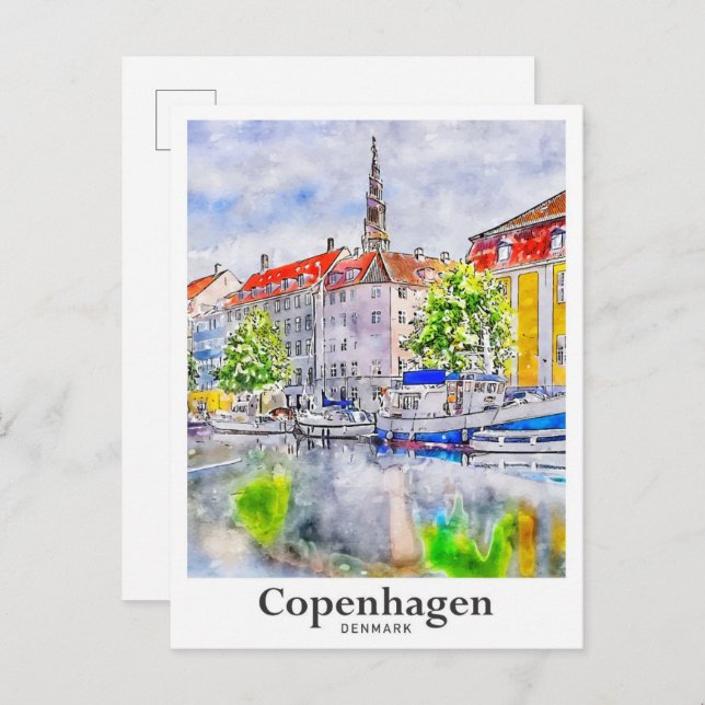 Copenhagen Denmark Travel Watercolor Hand Drawn Postcard (Front/Back)
