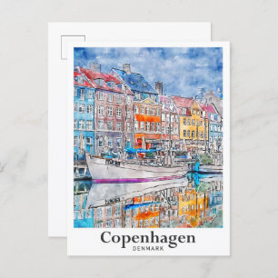 Copenhagen Denmark Travel Watercolor Hand Drawn Postcard