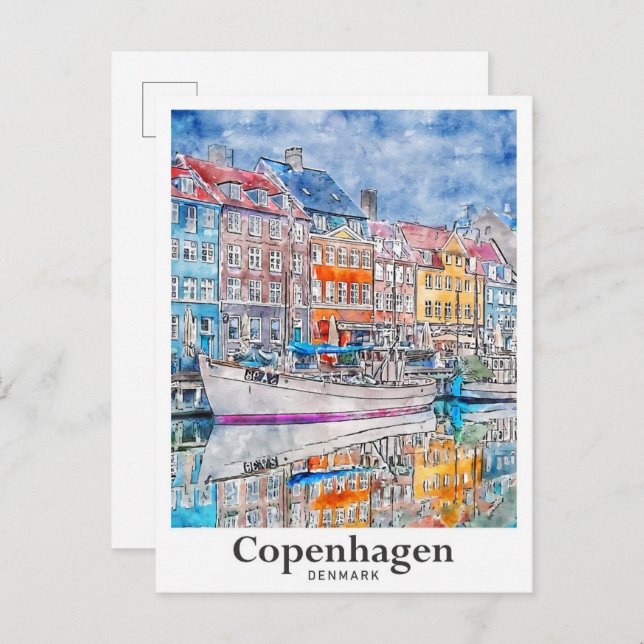 Copenhagen Denmark Travel Watercolor Hand Drawn Postcard (Front/Back)