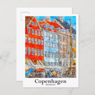 Copenhagen Denmark Travel Watercolor Sketch Postcard