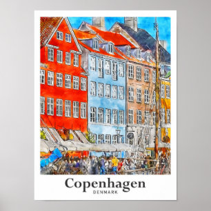 Copenhagen Denmark Travel Watercolor Sketch Poster