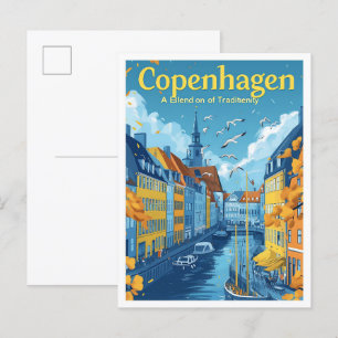 Copenhagen Denmark Vintage Art Travel Illustration Postcard