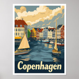 Copenhagen Denmark Vintage Travel Illustration Poster