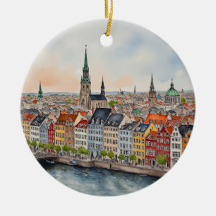Copenhagen Denmark Watercolor Ceramic Tree Decoration