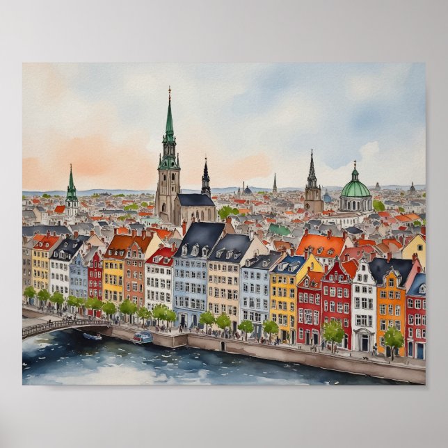 Copenhagen Denmark Watercolor Poster (Front)